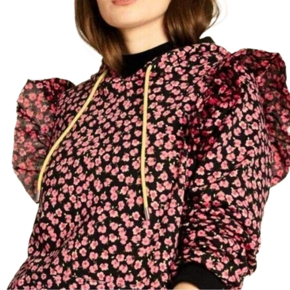 Sandy Liang x Target Pink Ditsy Floral Flutter Sleeve Hoodie Sweater Black XXS